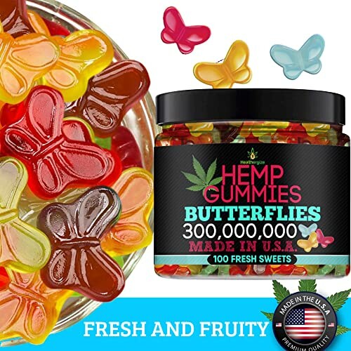 Jar of hemp gummies shaped like butterflies with vibrant colors.