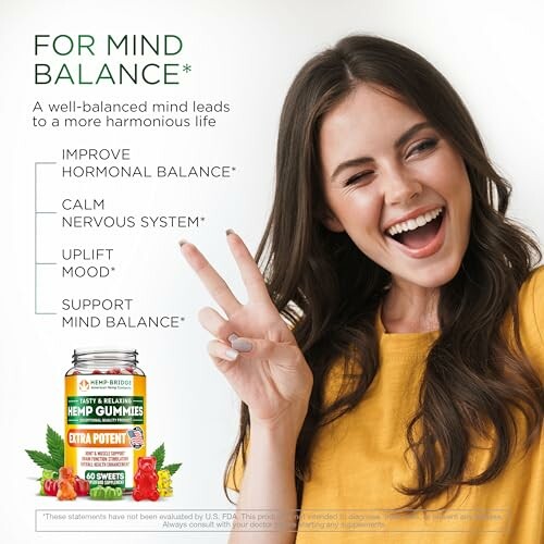 Woman smiling with peace sign next to hemp gummies for mind balance.