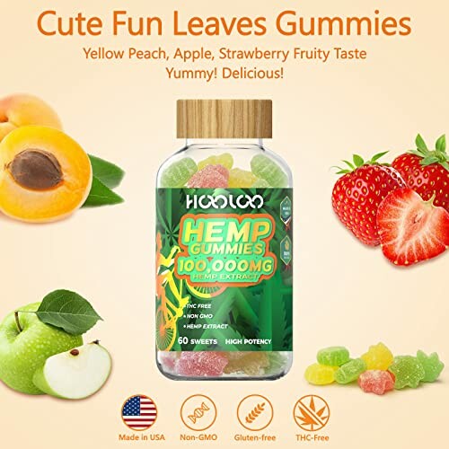 Bottle of hemp gummies with peach, apple, and strawberry flavors.