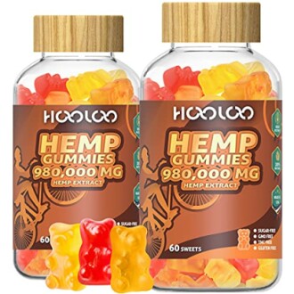 Two bottles of Hooloo hemp gummies with colorful gummy bears.