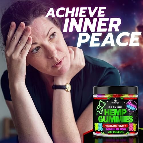 Woman looking thoughtful next to a jar of hemp gummies with text 'Achieve Inner Peace'.