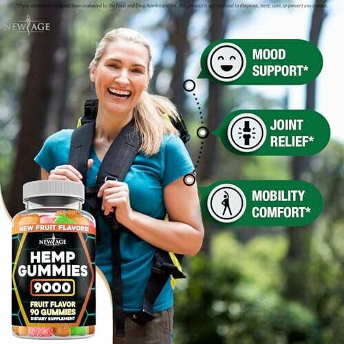 Smiling woman with backpack and hemp gummies promoting mood support and joint relief.