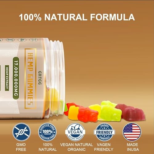 Hemp gummies with natural formula and certifications like GMO free, vegan, and made in USA.