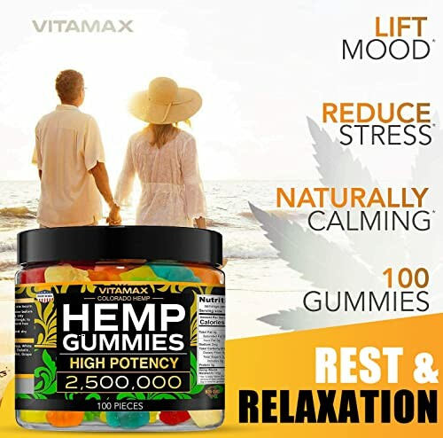 Vitamax hemp gummies for mood lift and stress reduction.