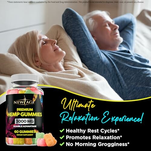 Couple relaxing with hemp gummies advertisement.