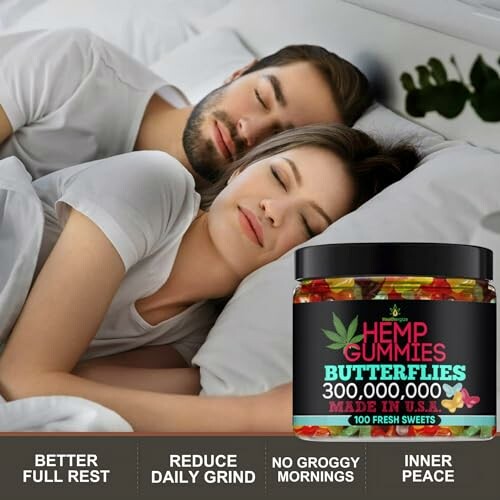 Couple sleeping peacefully with a jar of hemp gummies.