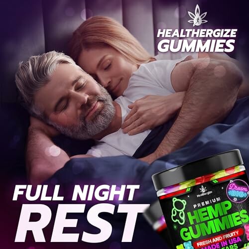 Couple sleeping peacefully with hemp gummies product.