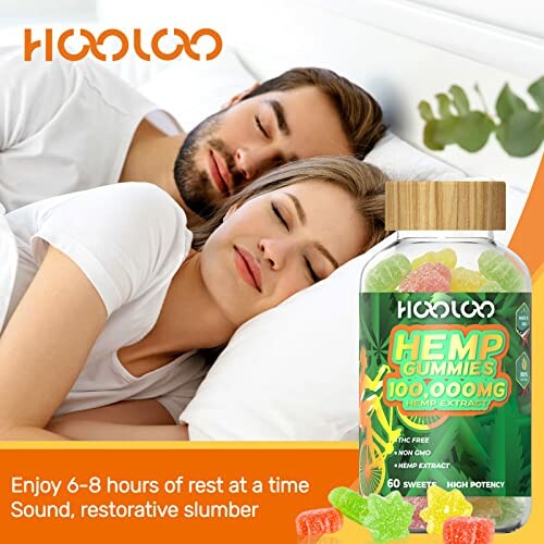 Man and woman sleeping with a bottle of hemp gummies nearby.