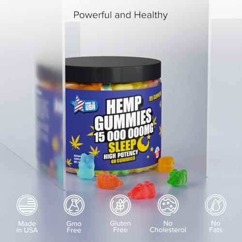 Hemp gummies container labeled for sleep support with benefits icons.