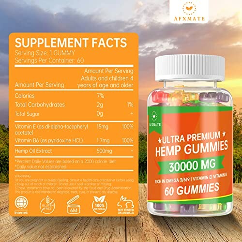 Hemp gummies bottle with supplement facts label