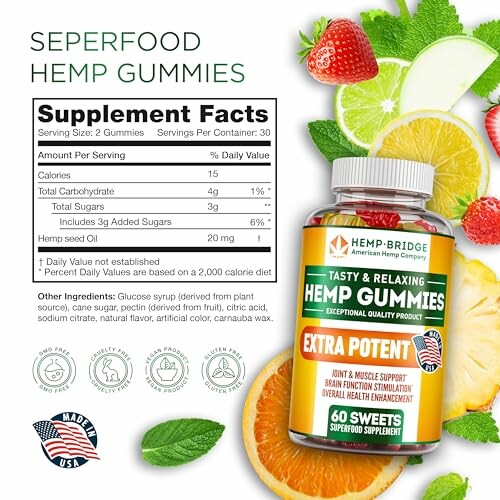 Hemp gummies supplement facts with fruit and leaves.