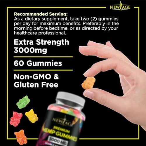 Hand holding gummy bears with hemp gummies supplement facts.