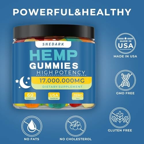 Hemp gummies dietary supplement with 17,000,000mg potency, 60 count, made in USA, GMO-free, no fats or cholesterol, gluten-free.