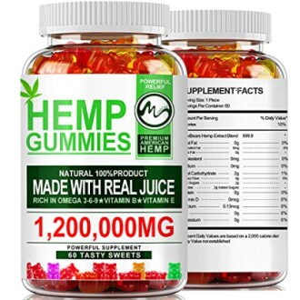 Jar of hemp gummies with supplement facts label.