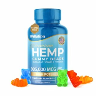 Bottle of hemp gummy bears with colorful gummies