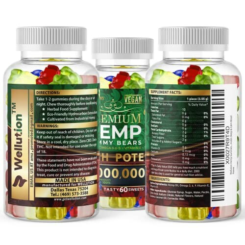 Three bottles of hemp gummy bears with labels showing supplement facts and ingredients.