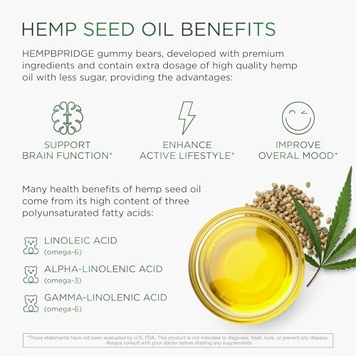 Hemp seed oil benefits infographic with brain, lifestyle, and mood icons.