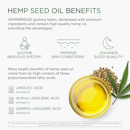 Hemp seed oil benefits infographic with gummy bears and oil image.