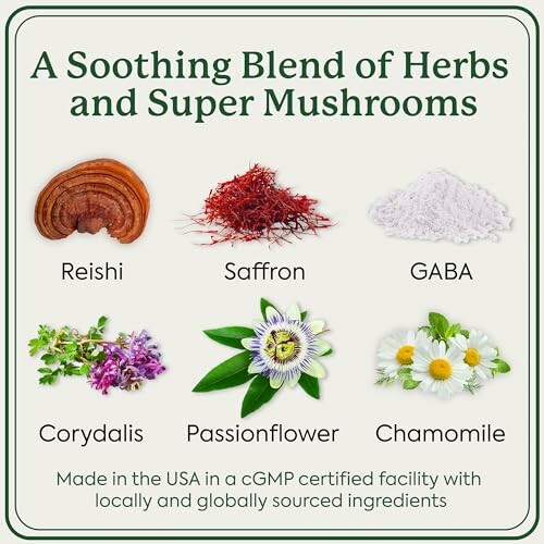 Image showing a blend of herbs and super mushrooms including Reishi, Saffron, GABA, Corydalis, Passionflower, and Chamomile.