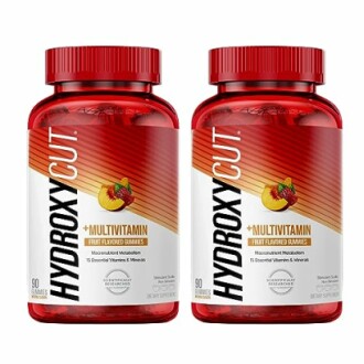 Two bottles of Hydroxycut Multivitamin fruit flavored gummies.