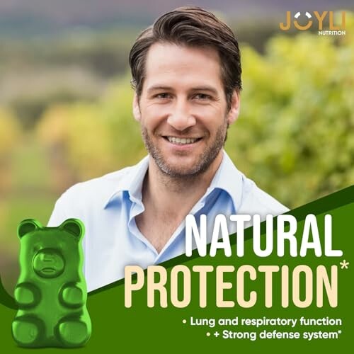 Smiling man with Joyli Nutrition gummy and natural protection text.