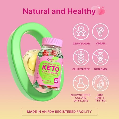 Keto ACV gummies bottle with health benefits icons.