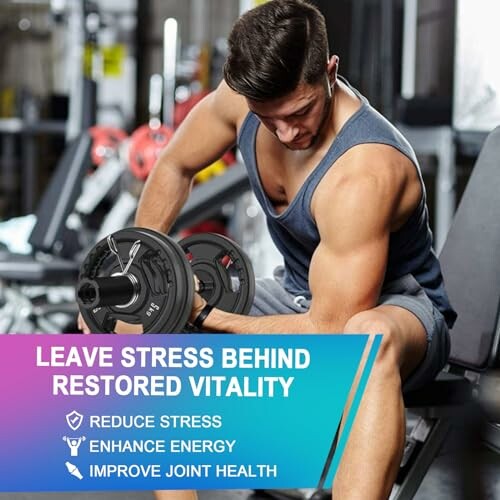 Man lifting dumbbells in a gym, promoting stress reduction and vitality