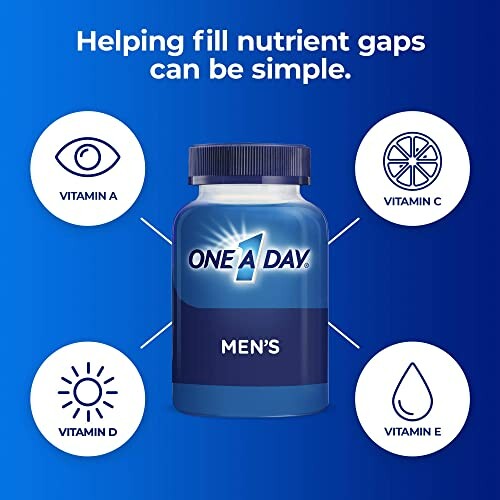 Men's multivitamin bottle highlighting the benefits of vitamins A, C, D, E.