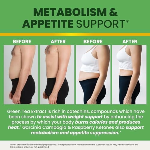 Before and after images showing weight loss with metabolism and appetite support supplement.