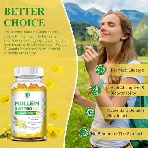 Woman enjoying nature with Mullein Gummies featuring health benefits.