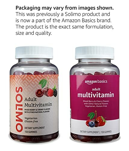 Amazon Basics and Solimo multivitamin gummies bottles with label details.