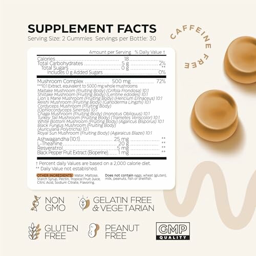 Supplement facts for mushroom gummies including calories, carbohydrates, and mushroom complex details.