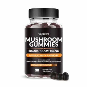 Bottle of mushroom gummies dietary supplement with 10 mushroom blend for focus, clarity, and memory.