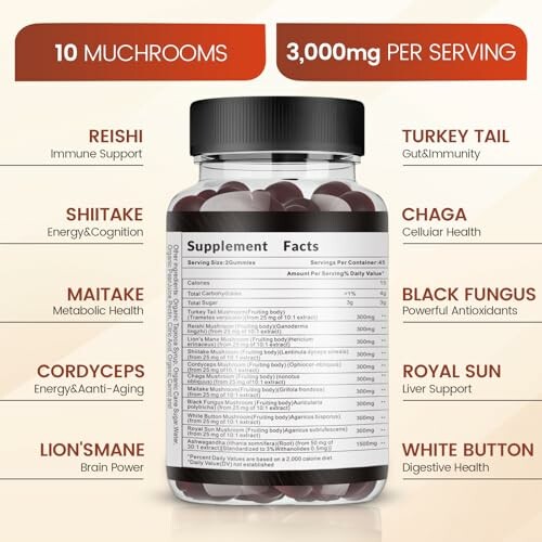 Supplement bottle with 10 mushroom types and benefits listed.