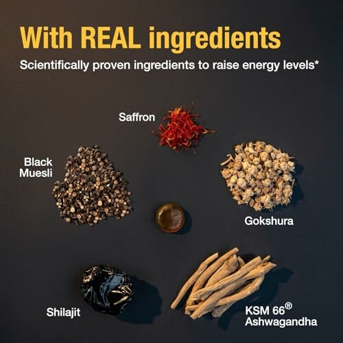 Image showing ingredients: Black Muesli, Saffron, Gokshura, Shilajit, KSM 66 Ashwagandha for energy.