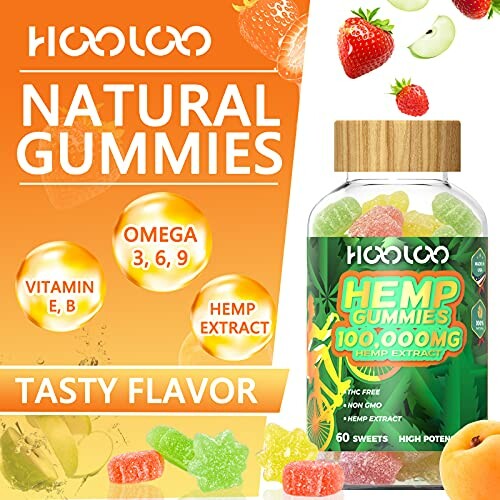 Bottle of natural hemp gummies with vitamin E, B, omega 3, 6, 9, and hemp extract.