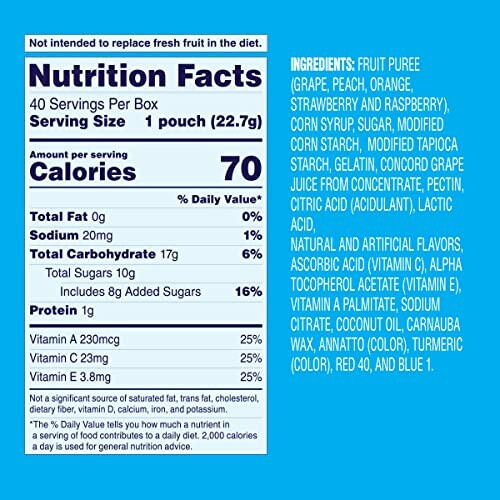 Nutrition facts and ingredients for fruit puree pouch.