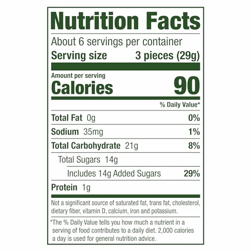 Nutrition facts label showing calories, fat, sodium, carbs, and protein per serving.