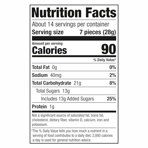 Nutrition facts label with calorie and nutrient information.