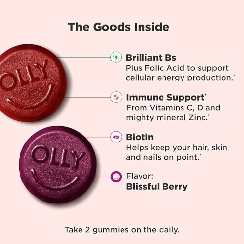 Olly gummies benefits with Brilliant Bs, Immune Support, Biotin, Blissful Berry flavor.