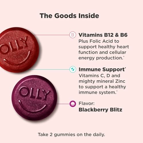 Olly gummies with vitamins B12, B6, and immune support details.