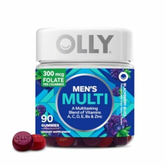 Olly Men's Multi vitamins gummies bottle with 90 gummies, blackberry blitz flavor.