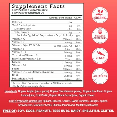 Supplement facts for organic gummy vitamins with ingredients and dietary icons.