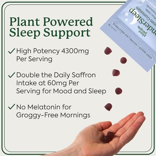 Hand holding sleep support gummies with benefits listed.