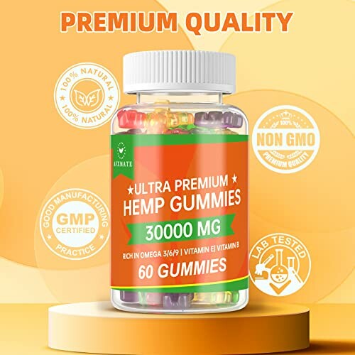 Bottle of ultra premium hemp gummies with 30000 MG label, 60 gummies, premium quality.