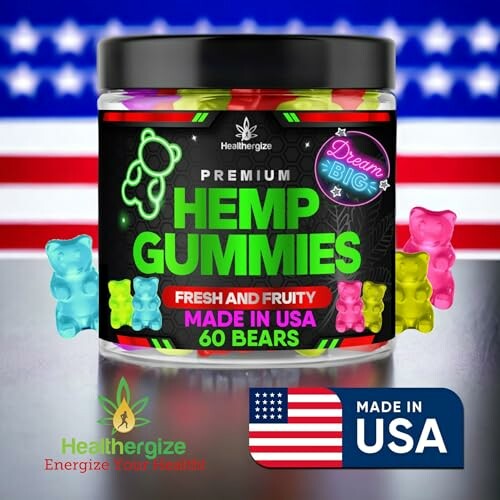 Jar of premium hemp gummies with USA flag background.