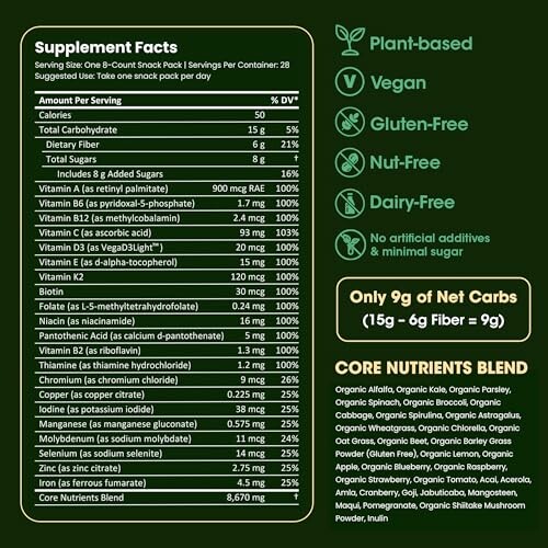 Supplement facts and ingredient list for a plant-based protein bar.