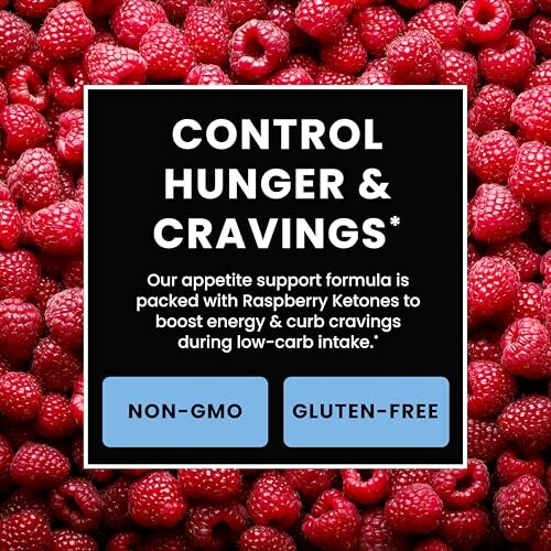 Raspberry background with text on appetite support formula and benefits.