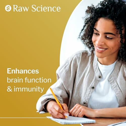 Woman writing notes with text 'Enhances brain function & immunity' and Raw Science logo.