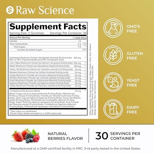 Supplement facts label for Raw Science gummies, listing ingredients and dietary information.